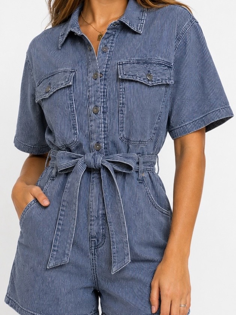 Blue Denim Short Sleeve Romper with Waist Tie